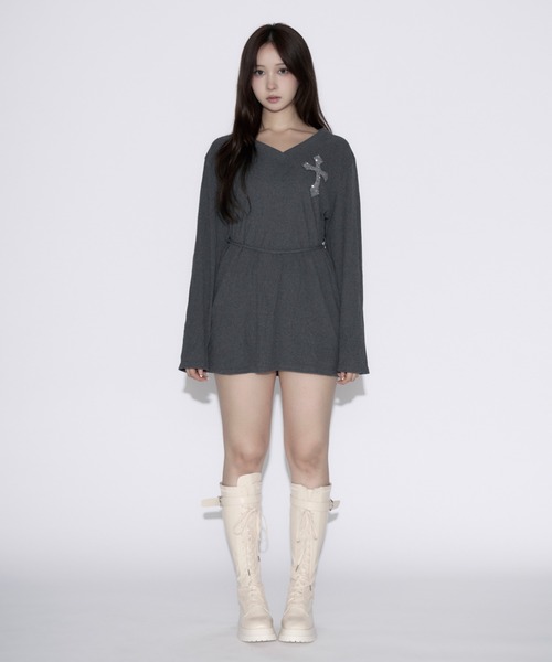 セール】Cross Vneck Mini Dress / クロスVネックミニワンピース