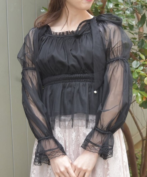 axes femme(アクシーズファム)の「パール付リボンチュールプルオーバー(Tシャツ/カットソー・レディース・ホワイト/ブラック/ラベンダー・FREE)」の2枚目の写真