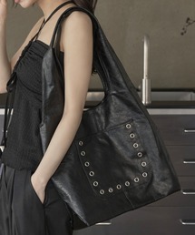 A4収納可能 シルバースタッドニックポケットトートバッグ/ショルダーバッグ