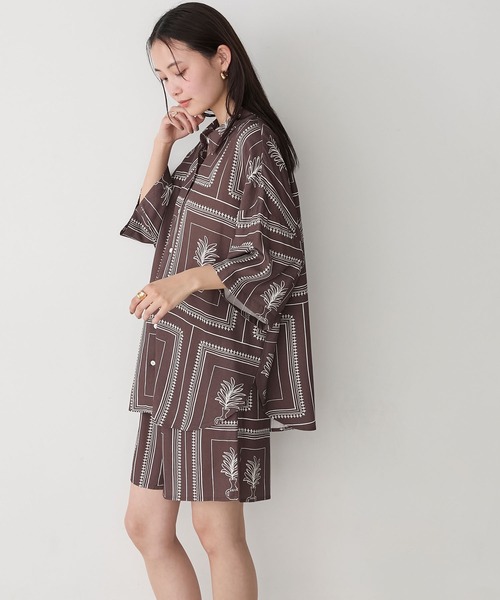 美品✨レオナール セットアップ 総柄 花柄 ノーカラー シャツ パンツ M AMERIA ANDERSON】rayon pattern set-up /フルーツ柄 半袖シャツ