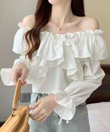 SEU | オフショルフリルリボンショート丈ブラウス フリル マルチウェイ ショート丈 オフィスカジュアル きれいめカジュアル 韓国 マルチWAY(シャツ/ブラウス)