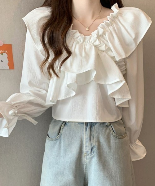 SEU（エスイーユー）の「ペプラムトップス オフィスカジュアル オフショルフリルリボンショート丈ブラウス フリル  ショート丈 きれいめカジュアル 韓国 マルチWAY（シャツ/ブラウス・レディース・ブルー/アイボリー/ホワイト/ブラック・フリー）」の14枚目の写真
