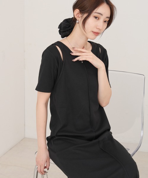 Bab(バブ)の「リブカットソーレイヤード風半袖ワンピース(ワンピース・レディース・ブラック/ブラウン/杢グレー/アイボリー・FREE)」の2枚目の写真