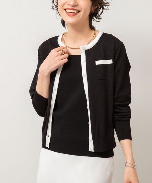 NOLLEY’S Sophi(ノーリーズソフィ)の「《アンサンブル対応/手洗い可能》綿ポリポケ付きCクルーネックカーディガン(カーディガン/ボレロ・レディース・ブラック/オレンジ/サックスブルー/ホワイト・36/38)」の2枚目の写真