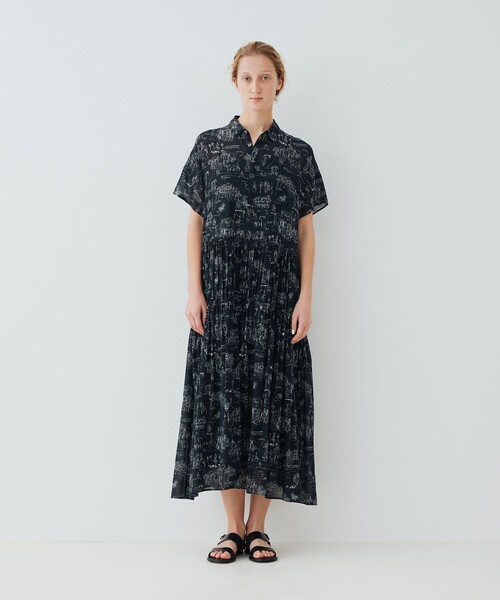 今期25夏ギャルリーヴィーシルクストレッチワンピーストゥモローランド丈直しあり LandScapeシルクストレッチ ギャザーシャツドレス（シャツ