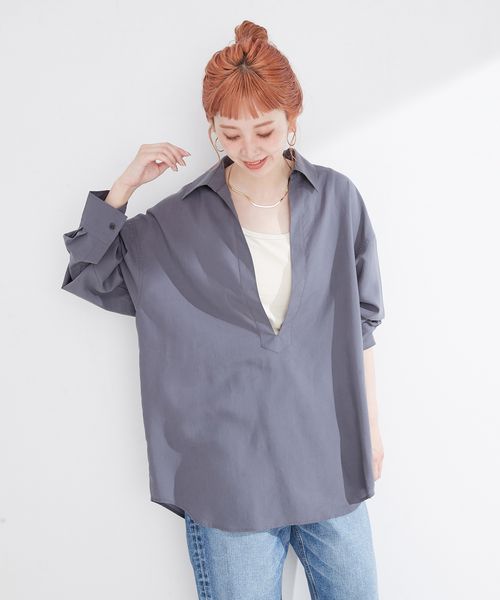 B.C STOCK(ベーセーストック)の「【Deux Allures/ドゥ アリュール】リヨセルスキッパーシャツ(シャツ/ブラウス・メンズ・チャコールグレー/オレンジ・FREE)」の5枚目の写真