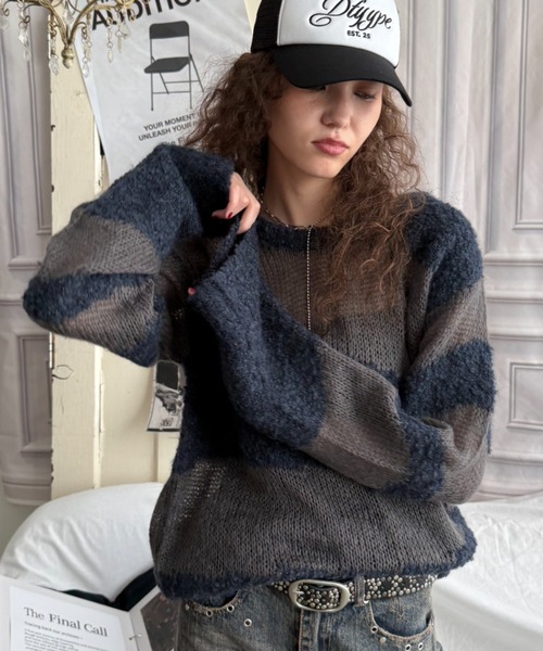 セール】【ViVi掲載】ニュアンスボーダーオフショルシアールーズニット