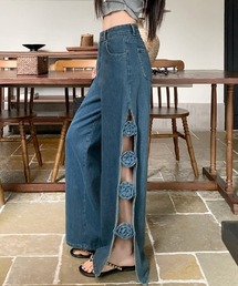 フラワースリットデニムワイドパンツ