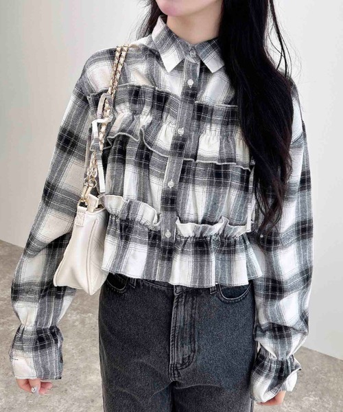 45rpmフリル付きブラウン・ホワイトチェックシャツ 45rpmフリル付きブラウン・ホワイトチェックシャツ