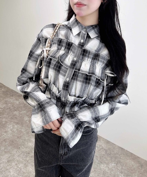 未使用級✨45R インディゴチェック フリルカシュクールブラウス 羽織り シャツ 未使用級✨45R インディゴチェック フリルカシュクールブラウス