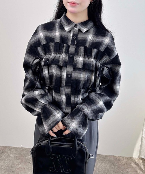 未使用級✨45R インディゴチェック フリルカシュクールブラウス 羽織り シャツ 未使用級✨45R インディゴチェック フリルカシュクールブラウス