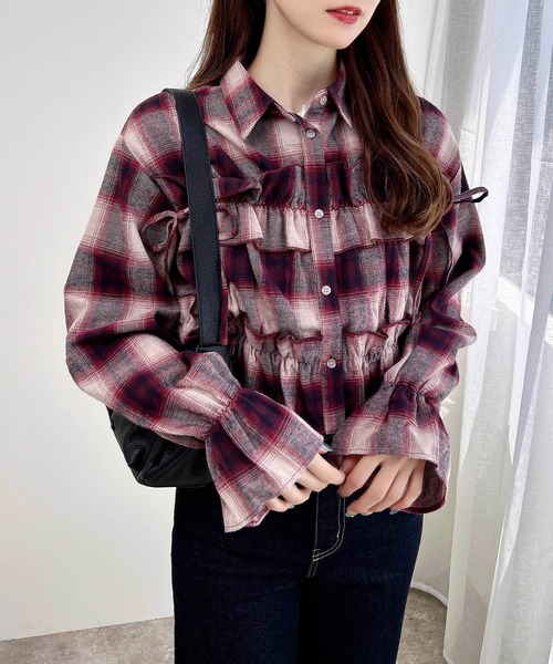 未使用級✨45R インディゴチェック フリルカシュクールブラウス 羽織り シャツ セール】【WEB限定】チェックフリルシャツ（シャツ/ブラウス