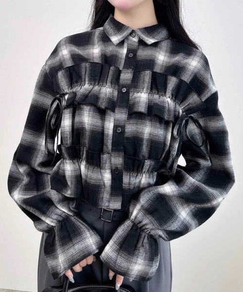 未使用級✨45R インディゴチェック フリルカシュクールブラウス 羽織り シャツ 45R インディゴチェックフリルカシュクールブラウス羽織りシャツ