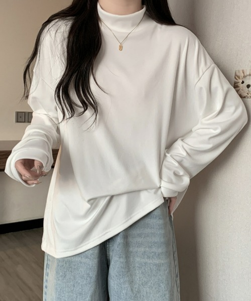 SEU(エスイーユー)の「カットソー モックネック 長袖プルオーバー フリース起毛で暖かい!プチハイネックTシャツ 起毛レディース長袖トップス オフィスカジュアル きれいめカジュアル(Tシャツ/カットソー・レディース・アイボリー/ブラック/ホワイト/ブラウン/チャコール・フリー)」の7枚目の写真