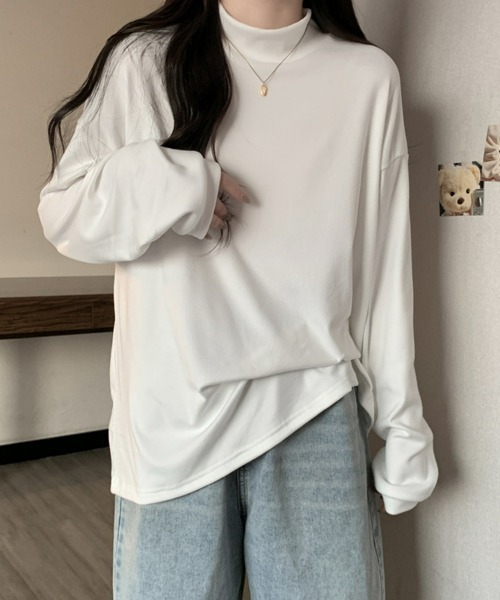SEU(エスイーユー)の「カットソー モックネック 長袖プルオーバー フリース起毛で暖かい!プチハイネックTシャツ 起毛レディース長袖トップス オフィスカジュアル きれいめカジュアル(Tシャツ/カットソー・レディース・アイボリー/ブラック/ホワイト/ブラウン/チャコール・フリー)」の8枚目の写真