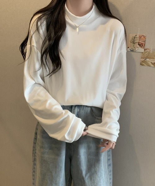 SEU(エスイーユー)の「カットソー モックネック 長袖プルオーバー フリース起毛で暖かい!プチハイネックTシャツ 起毛レディース長袖トップス オフィスカジュアル きれいめカジュアル(Tシャツ/カットソー・レディース・アイボリー/ブラック/ホワイト/ブラウン/チャコール・フリー)」の9枚目の写真