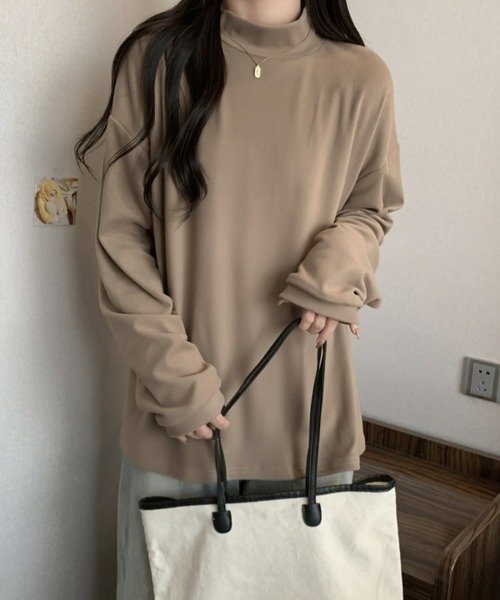 SEU(エスイーユー)の「カットソー モックネック 長袖プルオーバー フリース起毛で暖かい!プチハイネックTシャツ 起毛レディース長袖トップス オフィスカジュアル きれいめカジュアル(Tシャツ/カットソー・レディース・アイボリー/ブラック/ホワイト/ブラウン/チャコール・フリー)」の14枚目の写真