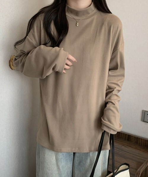 SEU(エスイーユー)の「カットソー モックネック 長袖プルオーバー フリース起毛で暖かい!プチハイネックTシャツ 起毛レディース長袖トップス オフィスカジュアル きれいめカジュアル(Tシャツ/カットソー・レディース・アイボリー/ブラック/ホワイト/ブラウン/チャコール・フリー)」の15枚目の写真