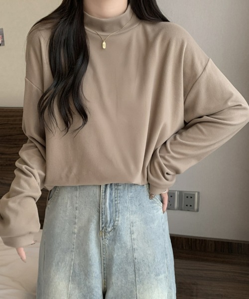 SEU(エスイーユー)の「カットソー モックネック 長袖プルオーバー フリース起毛で暖かい!プチハイネックTシャツ 起毛レディース長袖トップス オフィスカジュアル きれいめカジュアル(Tシャツ/カットソー・レディース・アイボリー/ブラック/ホワイト/ブラウン/チャコール・フリー)」の16枚目の写真