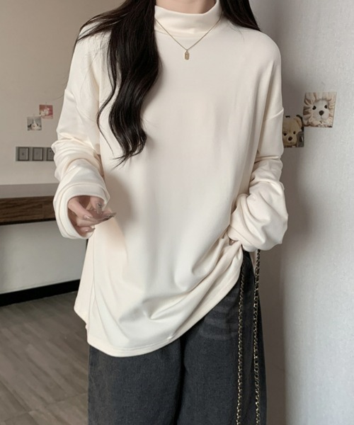 SEU(エスイーユー)の「カットソー モックネック 長袖プルオーバー フリース起毛で暖かい!プチハイネックTシャツ 起毛レディース長袖トップス オフィスカジュアル きれいめカジュアル(Tシャツ/カットソー・レディース・アイボリー/ブラック/ホワイト/ブラウン/チャコール・フリー)」の20枚目の写真
