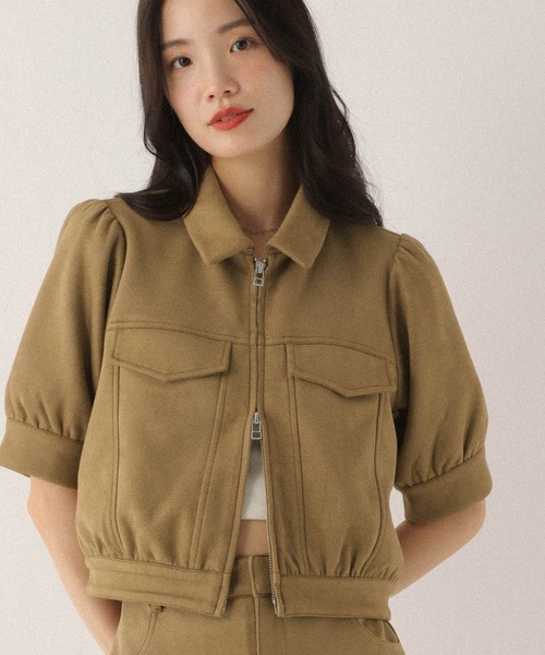 ブラウン ショート丈　半袖　ブルゾン 宅配便】レザー風ショート丈ブルゾン／tops2164 | Pay ID