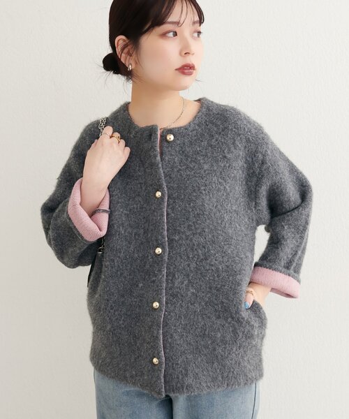 natural couture(ナチュラルクチュール)の「【WEB限定】Wフェイス配色ニットジャケット(カーディガン/ボレロ・レディース・オレンジ/チャコールグレー/サックスブルー/ライトベージュ・FREE)」の14枚目の写真