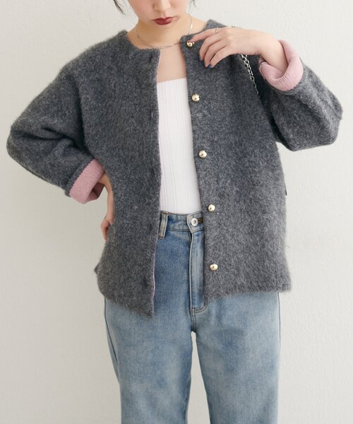 natural couture(ナチュラルクチュール)の「【WEB限定】Wフェイス配色ニットジャケット(カーディガン/ボレロ・レディース・オレンジ/チャコールグレー/サックスブルー/ライトベージュ・FREE)」の17枚目の写真
