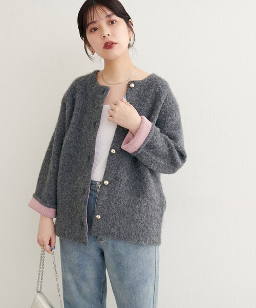 natural couture(ナチュラルクチュール)の「【WEB限定】Wフェイス配色ニットジャケット(カーディガン/ボレロ・レディース・オレンジ/チャコールグレー/サックスブルー/ライトベージュ・FREE)」の15枚目の写真