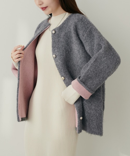 natural couture(ナチュラルクチュール)の「【WEB限定】Wフェイス配色ニットジャケット(カーディガン/ボレロ・レディース・オレンジ/チャコールグレー/サックスブルー/ライトベージュ・FREE)」の9枚目の写真