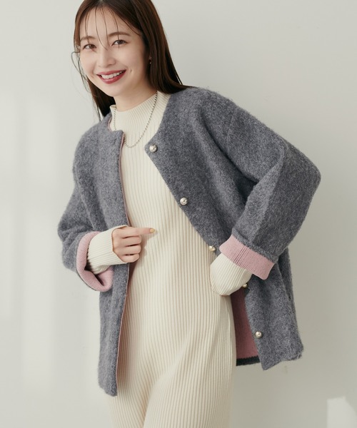 natural couture(ナチュラルクチュール)の「【WEB限定】Wフェイス配色ニットジャケット(カーディガン/ボレロ・レディース・オレンジ/チャコールグレー/サックスブルー/ライトベージュ・FREE)」の7枚目の写真