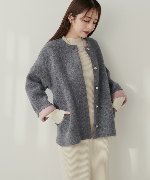 natural couture(ナチュラルクチュール)の「【WEB限定】Wフェイス配色ニットジャケット(カーディガン/ボレロ・レディース・オレンジ/チャコールグレー/サックスブルー/ライトベージュ・FREE)」の5枚目の写真
