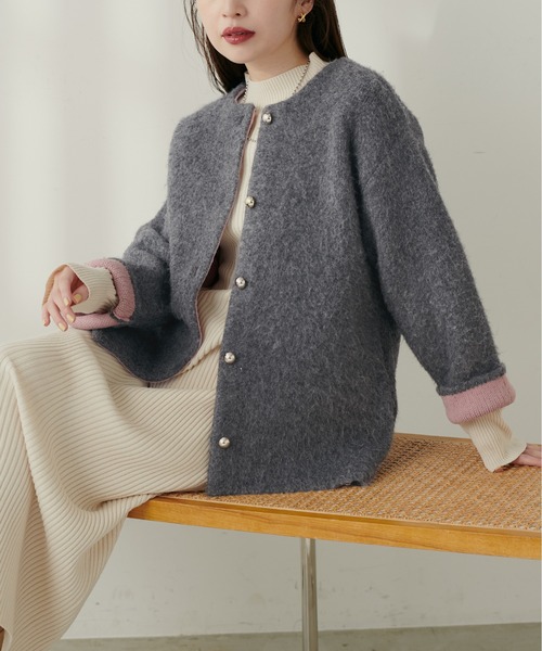 natural couture(ナチュラルクチュール)の「【WEB限定】Wフェイス配色ニットジャケット(カーディガン/ボレロ・レディース・オレンジ/チャコールグレー/サックスブルー/ライトベージュ・FREE)」の8枚目の写真
