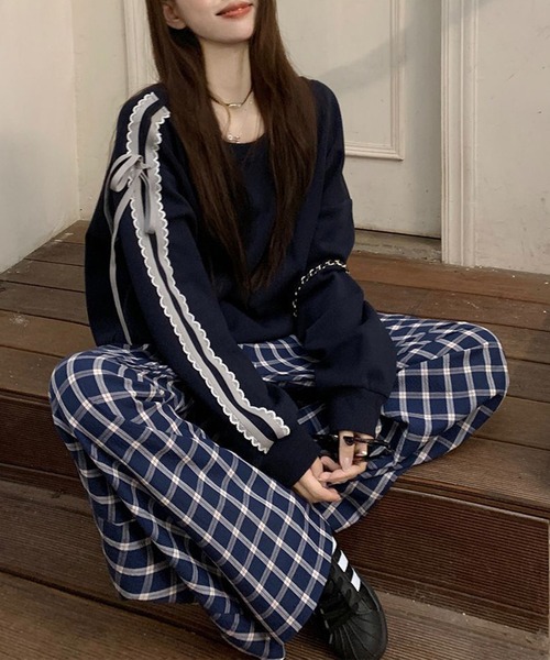 Lace Ladies（レースレディース）の「ボートネック レース袖 リボン付き 長袖 スウェット プルオーバー（スウェット・レディース・ネイビー/グレー・M/XL）」の7枚目の写真