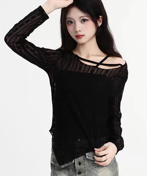 WESTSEA(ウエストシー)の「シアー レース アシンメトリーデザイン トップス 長袖(Tシャツ/カットソー・レディース・ホワイト/アイボリー/ブラック・FREE)」の10枚目の写真