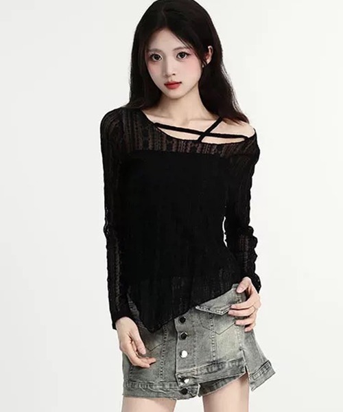 WESTSEA(ウエストシー)の「シアー レース アシンメトリーデザイン トップス 長袖(Tシャツ/カットソー・レディース・ホワイト/アイボリー/ブラック・FREE)」の11枚目の写真