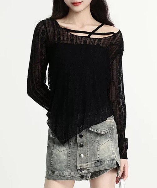 WESTSEA(ウエストシー)の「シアー レース アシンメトリーデザイン トップス 長袖(Tシャツ/カットソー・レディース・ホワイト/アイボリー/ブラック・FREE)」の9枚目の写真