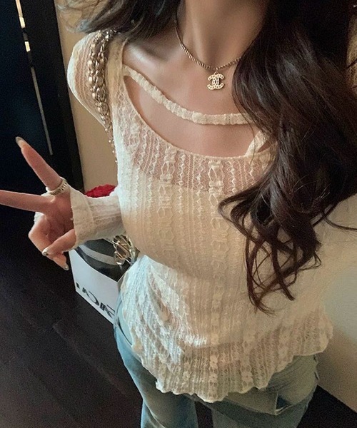 WESTSEA(ウエストシー)の「シアー レース アシンメトリーデザイン トップス 長袖(Tシャツ/カットソー・レディース・ホワイト/アイボリー/ブラック・FREE)」の15枚目の写真
