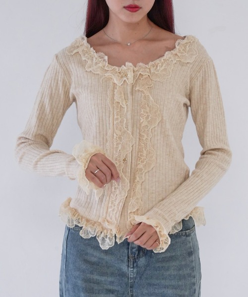 Uenui(ウニュイ)の「【 cunii 】 frill lace rib cardigan(カーディガン/ボレロ・レディース・ブラック/ベージュ/ホワイト・FREE)」の1枚目の写真
