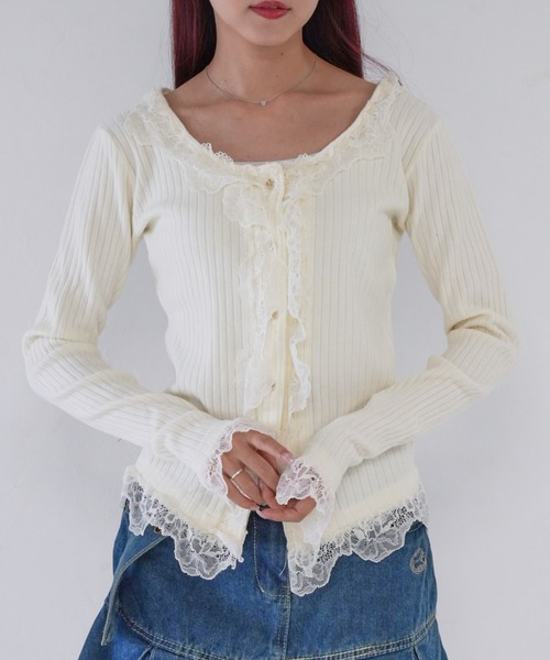 Uenui(ウニュイ)の「【 cunii 】 frill lace rib cardigan(カーディガン/ボレロ・レディース・ブラック/ベージュ/ホワイト・FREE)」の2枚目の写真