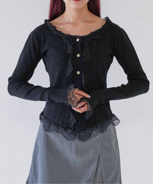 Uenui(ウニュイ)の「【 cunii 】 frill lace rib cardigan(カーディガン/ボレロ・レディース・ブラック/ベージュ/ホワイト・FREE)」の3枚目の写真