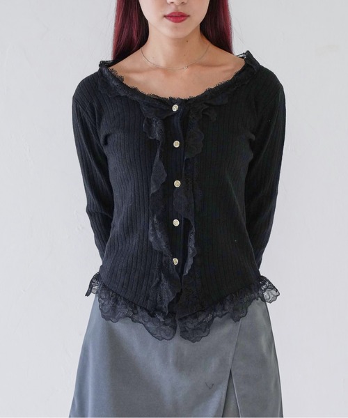 Uenui(ウニュイ)の「【 cunii 】 frill lace rib cardigan(カーディガン/ボレロ・レディース・ブラック/ベージュ/ホワイト・FREE)」の4枚目の写真