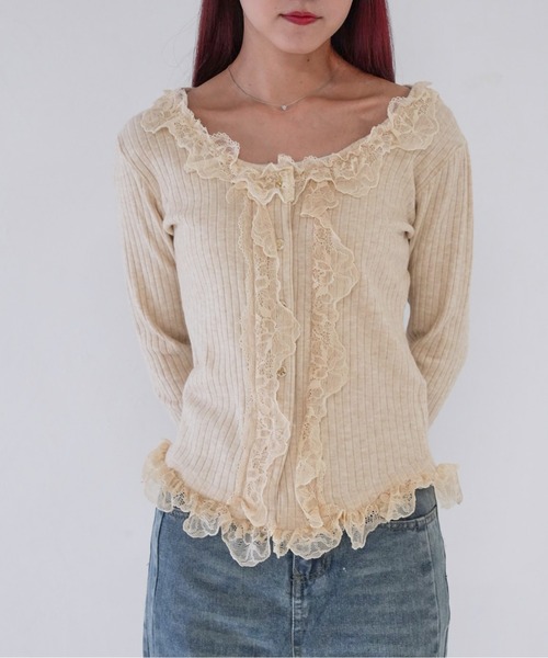 Uenui（ウニュイ）の「【 cunii 】 frill lace rib cardigan（カーディガン/ボレロ）」｜詳細画像