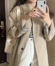 裏地チェックステンカラーロングジャケット