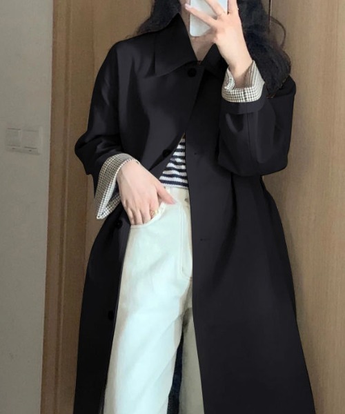 cammie(キャミー)の「裏地チェックステンカラーロングジャケット(ステンカラーコート・レディース・ベージュ/ブラック・L/M)」の1枚目の写真