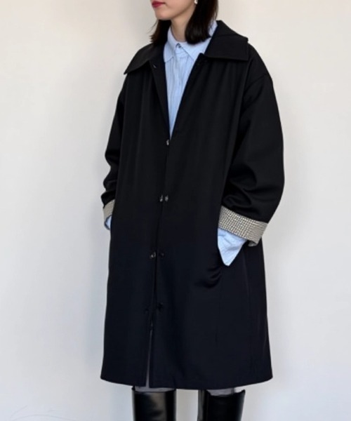 cammie(キャミー)の「裏地チェックステンカラーロングジャケット(ステンカラーコート・レディース・ベージュ/ブラック・L/M)」の5枚目の写真