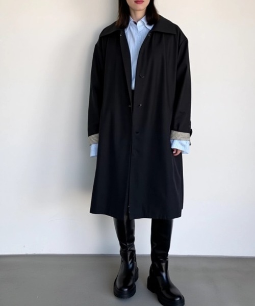 cammie(キャミー)の「裏地チェックステンカラーロングジャケット(ステンカラーコート・レディース・ベージュ/ブラック・L/M)」の3枚目の写真
