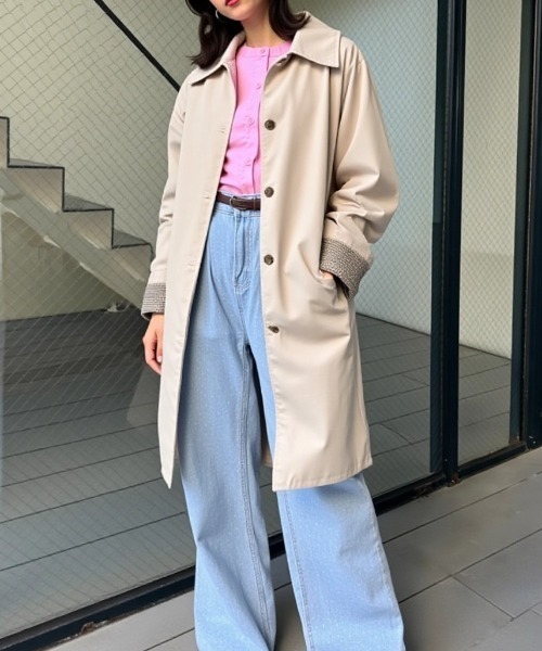 cammie(キャミー)の「裏地チェックステンカラーロングジャケット(ステンカラーコート・レディース・ベージュ/ブラック・L/M)」の8枚目の写真