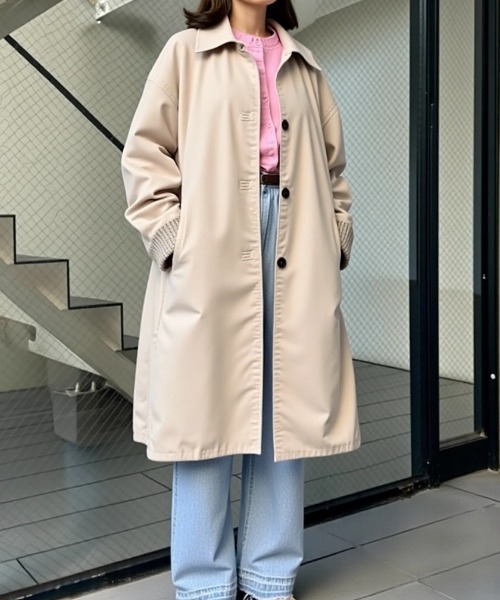 cammie(キャミー)の「裏地チェックステンカラーロングジャケット(ステンカラーコート・レディース・ベージュ/ブラック・L/M)」の4枚目の写真