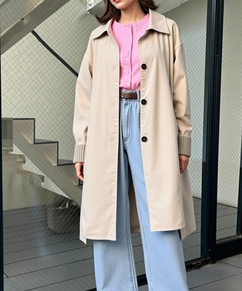 cammie(キャミー)の「裏地チェックステンカラーロングジャケット(ステンカラーコート・レディース・ベージュ/ブラック・L/M)」の6枚目の写真