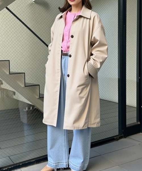 cammie(キャミー)の「裏地チェックステンカラーロングジャケット(ステンカラーコート・レディース・ベージュ/ブラック・L/M)」の10枚目の写真